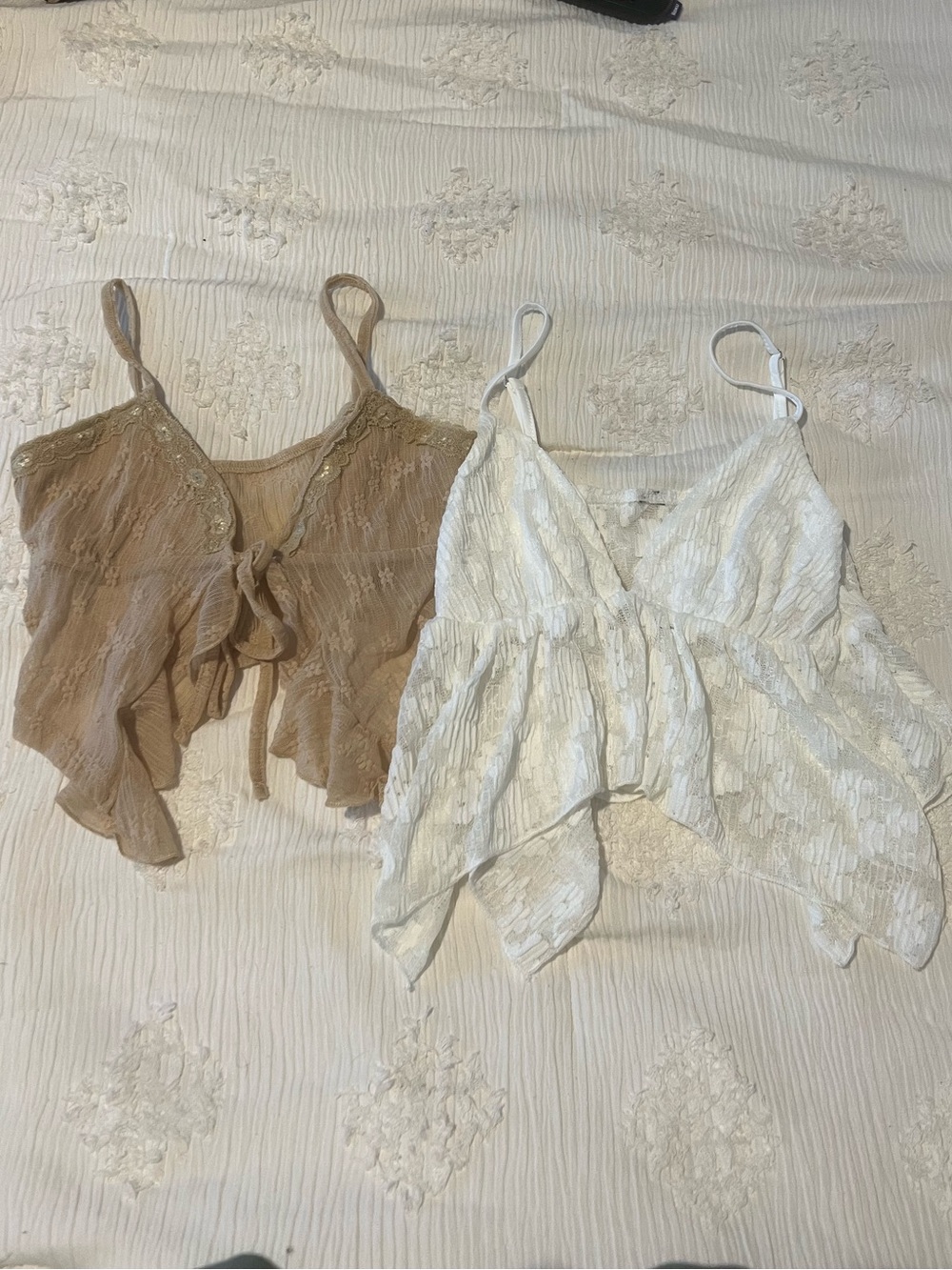 SHEIN Beige and White Ruffle Tie-Front Spaghetti Strap Tops - Picture 1 of 2